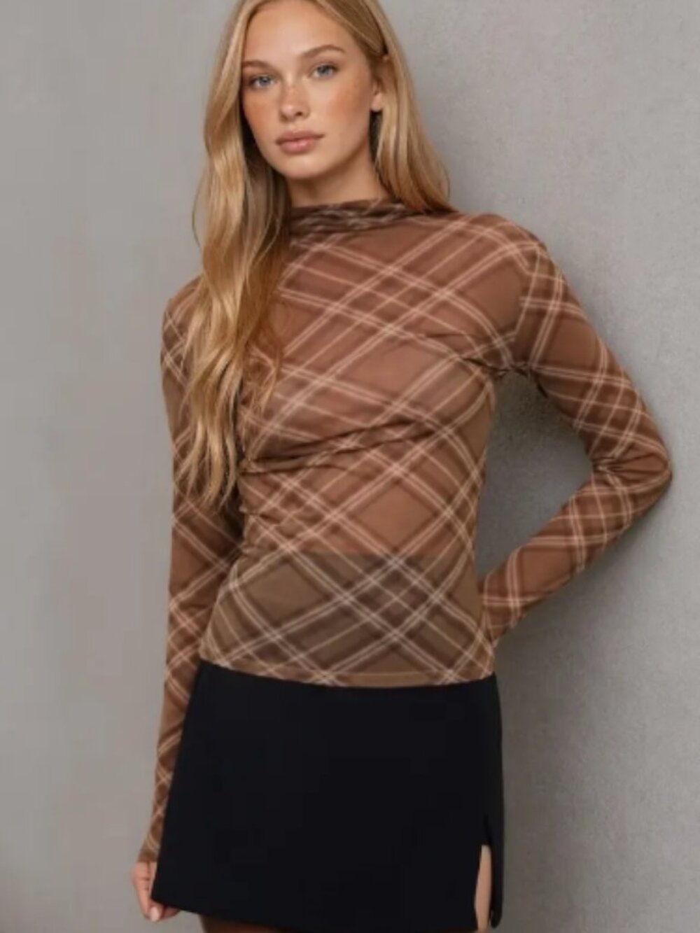 Fall Trend Plaid Mesh Mock Neck Long Sleeve Knit Top